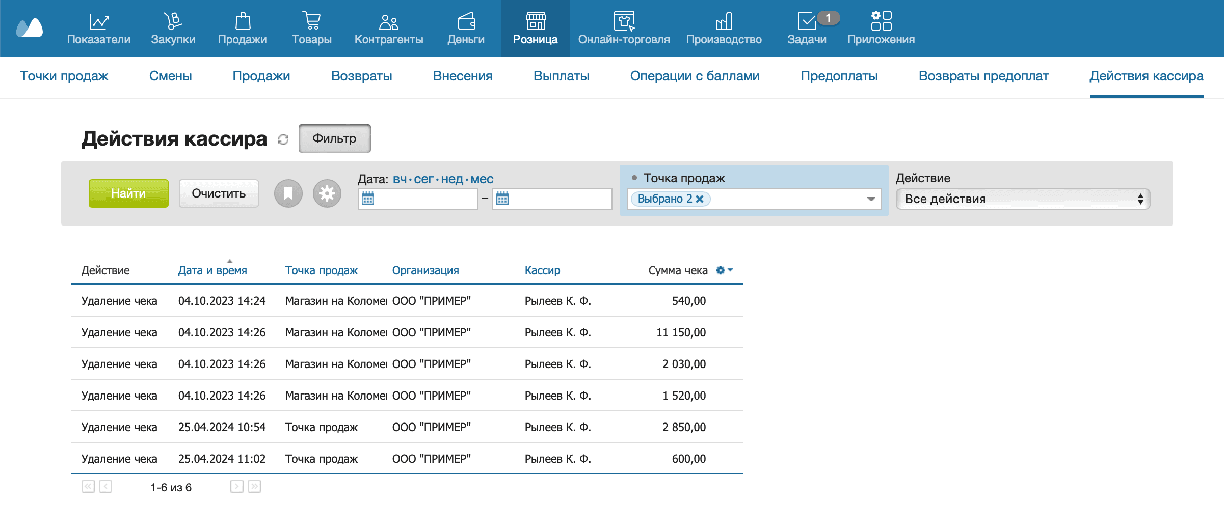 Отчет действия кассира
