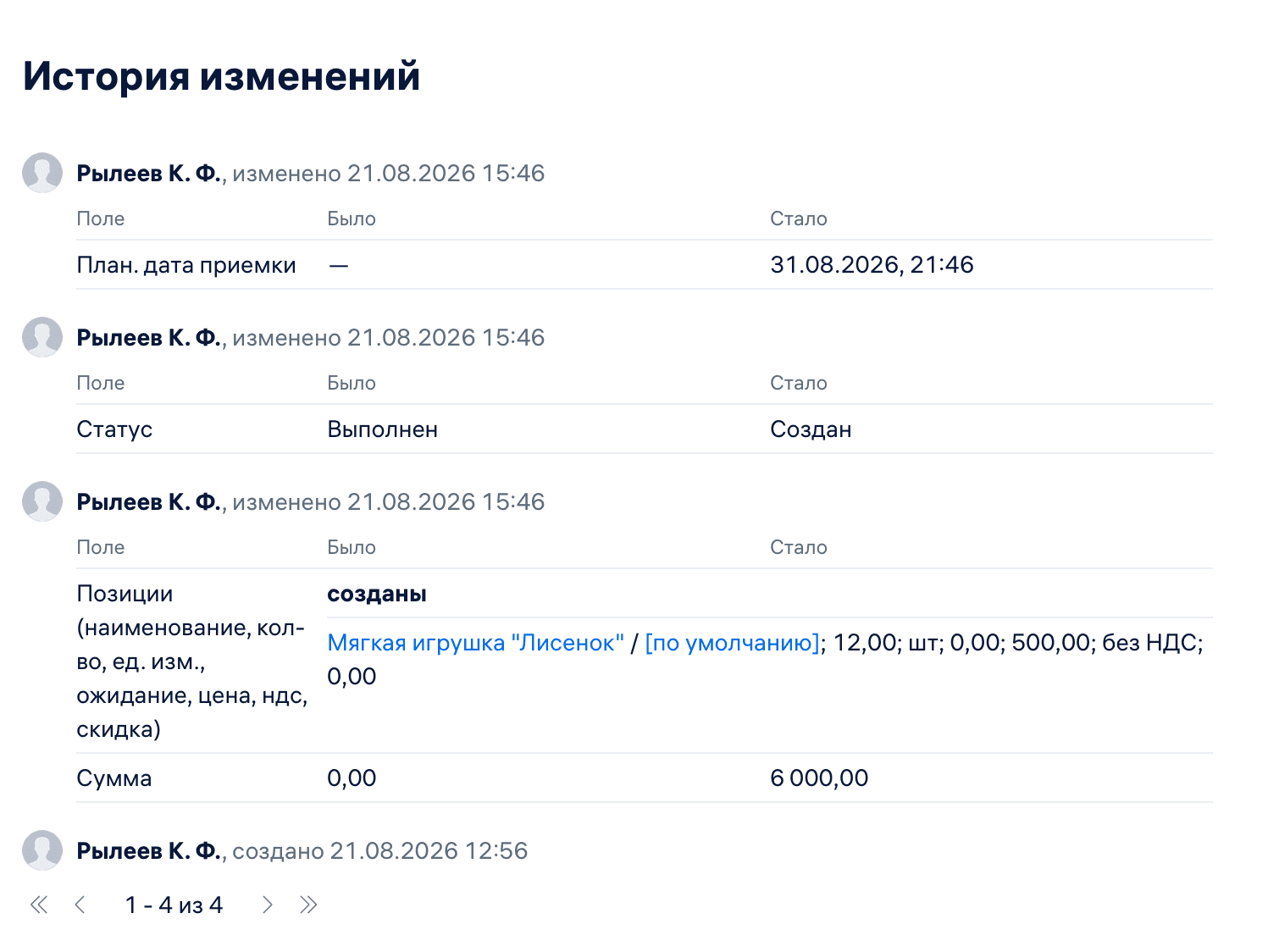Изменения документа